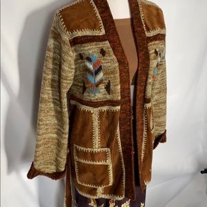 Vintage tribal aztec  leather wool belted sweater